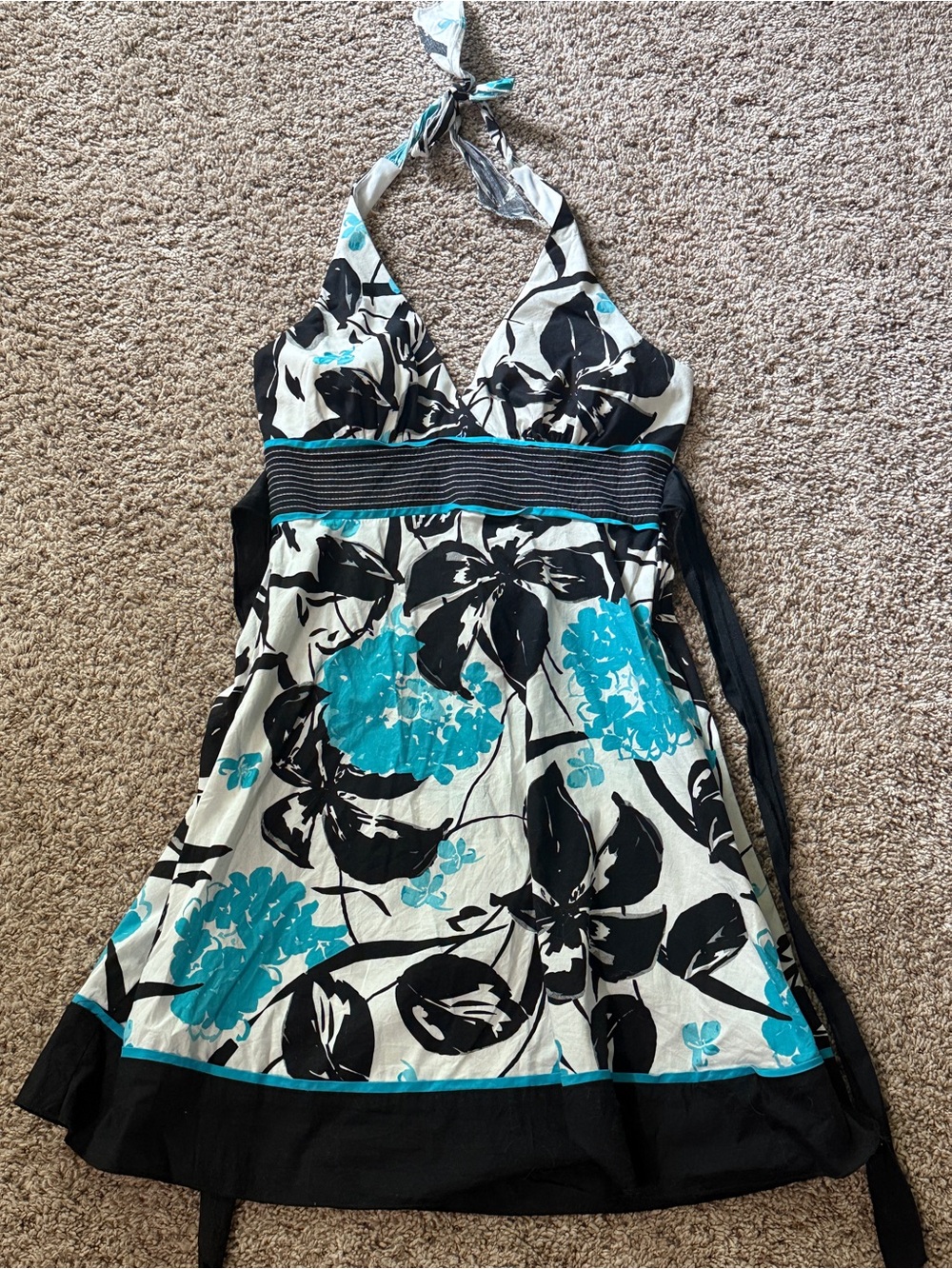 Turquoise & Black Floral Halter Dress